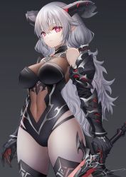 Rule 34 | + +, 1girl, armor, bare shoulders, black armor, black leotard, black thighhighs, bodystocking, breasts, commentary request, covered navel, cowboy shot, curled horns, demon girl, demon horns, demon tail, detached sleeves, gauntlets, grey background, grey hair, hair between eyes, hair tubes, highres, holding, holding sword, holding weapon, horns, large breasts, leotard, long hair, looking at viewer, original, parted lips, pointy ears, red eyes, sidelocks, signature, sion (9117), solo, standing, sword, tail, thighhighs, weapon