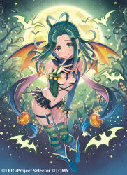 Rule 34 | 10s, 1girl, antenna hair, bare shoulders, bat (animal), bat wings, blush, bracelet, breasts, castle, company name, elbow gloves, food-themed hair ornament, full body, full moon, gloves, green eyes, green gloves, green thighhighs, hair intakes, hair ornament, halloween, heart, heart antenna hair, heart hair, jack-o&#039;-lantern, jewelry, leaning forward, licking lips, looking at viewer, mado*pen, midriff, miniskirt, moon, navel, night, official art, pumpkin hair ornament, skirt, small breasts, solo, spiked bracelet, spikes, striped clothes, striped thighhighs, thighhighs, tongue, tongue out, twintails, wings, wixoss