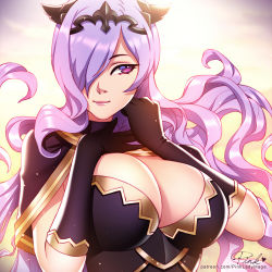 Rule 34 | 1girl, breasts, camilla (fire emblem), capelet, cleavage, closed mouth, elbow gloves, fire emblem, fire emblem fates, gloves, hair over one eye, large breasts, lips, long hair, looking at viewer, nintendo, parted lips, pink lady mage, purple eyes, purple hair, shiny clothes, sidelocks, smile, solo, tiara, upper body, very long hair, wavy hair, yellow background