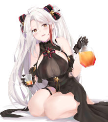 Rule 34 | 1girl, absurdres, antenna hair, azur lane, bare shoulders, black bow, black dress, blush, bottle, bow, breasts, brown eyes, clothing cutout, commentary request, cross, cup, dress, drinking glass, full body, hair between eyes, hair bow, hair ornament, highres, holding, holding bottle, holding cup, iron cross, large breasts, long hair, mole, mole on breast, prinz eugen (azur lane), prinz eugen (cordial cornflower) (azur lane), ru zhai, seiza, short sleeves, shoulder cutout, silver hair, sitting, solo, striped, striped bow, two side up, very long hair, white background
