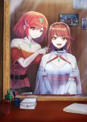 Rule 34 | 2girls, daxeraivi, glimmer (xenoblade), highres, mother and daughter, multiple girls, pyra (xenoblade), red eyes, red hair, xenoblade chronicles (series), xenoblade chronicles 2, xenoblade chronicles 3, xenoblade chronicles 3: future redeemed, yellow eyes