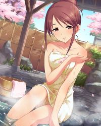 Rule 34 | 10s, 1girl, artist request, bare shoulders, body blush, brown eyes, brown hair, cherry blossoms, female focus, highres, idolmaster, idolmaster cinderella girls, jpeg artifacts, looking at viewer, mifune miyu, naked towel, official art, parted lips, sitting, soaking feet, solo, spa, towel, waifu2x, wash cloth, washpan, water, wet, white towel
