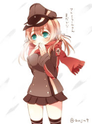 Rule 34 | 10s, 1girl, anchor hair ornament, anju (meipurusanchi), aqua eyes, brown hair, hair ornament, hat, kantai collection, long hair, peaked cap, pleated skirt, prinz eugen (kancolle), scarf, skirt, solo, translation request, twintails, twitter username