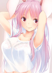 Rule 34 | 1girl, animal ears, arms behind head, arms up, blush, bra, breasts, cleavage, collarbone, commentary, crop top, crop top overhang, hisae (hisae collect), large breasts, long hair, looking at viewer, midriff, navel, purple hair, rabbit ears, red eyes, reisen udongein inaba, shirt, short sleeves, smile, solo, touhou, underwear, upper body, white bra, white shirt