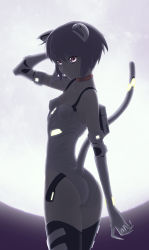 Rule 34 | 1girl, adapted costume, akahige, animal ears, ass, ayanami rei, ayanami rei (cosplay), backlighting, bad id, bad pixiv id, black thighhighs, breasts, cat ears, cat tail, cosplay, cowboy shot, dark, fake animal ears, from side, full moon, glowing, hair between eyes, highres, leotard, moon, nagato yuki, narrow waist, neon genesis evangelion, neon trim, outdoors, plugsuit, short hair, skin tight, small breasts, solo, super plugsuit, suzumiya haruhi no yuuutsu, tail, thighhighs, thighs, trait connection