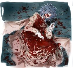 Rule 34 | 1girl, blood, blood on clothes, blood on face, blood on ground, blue background, blue hair, derivative work, dress, hair over eyes, highres, jiyouer, juliet sleeves, laughing, long sleeves, lying, messy hair, on floor, pink dress, pointy ears, puffy sleeves, remilia scarlet, sharp teeth, teeth, touhou, wings
