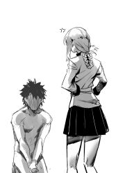 Rule 34 | 1boy, 1girl, anger vein, angry, duplicate, faceless, faceless male, fate/grand order, fate (series), florence nightingale (fate), fujimaru ritsuka (male), greyscale, hands on own hips, highres, hxd, looking at another, miniskirt, monochrome, pixel-perfect duplicate, pleated skirt, seiza, sidelocks, sitting, skirt, spoken anger vein, thighs, white background