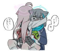 Rule 34 | 2girls, @ @, ahoge, aqua scarf, blazer, blood, blood on back, blood on clothes, blood on gloves, blood on hands, blue archive, commentary request, dated, faded halo, gloves, grey hair, halo, hoshino (blue archive), hug, injury, jacket, multiple girls, partial commentary, pink hair, plaid, plaid skirt, pleated skirt, scarf, school uniform, shiroko (blue archive), simple background, single glove, sitting, sitting on person, skirt, socks, speech bubble, teardrop, tears, translation request, trembling, tsubutarou, white background, white socks, wide-eyed