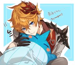 Rule 34 | 1boy, black gloves, blue eyes, closed mouth, crossed bangs, earrings, genshin impact, gloves, hair between eyes, highres, holding, holding stuffed toy, jacket, jewelry, kanengomi, looking at viewer, male focus, mask, mask on head, orange hair, red scarf, scarf, simple background, single earring, solo, stuffed animal, stuffed toy, stuffed whale, tartaglia (genshin impact), twitter username, upper body