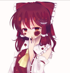 Rule 34 | 1girl, artist request, blood, blood on clothes, blood on face, blood on hands, bow, brown hair, collarbone, detached sleeves, empty eyes, eyebrows, eyelashes, female focus, hair between eyes, hair bow, hair ribbon, hakurei reimu, japanese clothes, long hair, looking at viewer, medium hair, miko, raised eyebrows, ribbon, short sleeves, simple background, sleeveless, solo, solo focus, tagme, touhou, white background, yandere