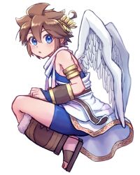 1boy :o ahoge ancient_greek_clothes androgynous angel_wings armlet bike_shorts bike_shorts_under_skirt blue_eyes blue_undershirt bracer brown_hair double-parted_bangs feathered_wings from_side fur-trimmed_footwear fur_trim greco-roman_clothes hair_between_eyes highres jewelry kid_icarus kid_icarus_uprising laurel_crown light_blush looking_at_viewer male_focus nintendo pit_(kid_icarus) sandals short_hair sidelocks simple_background single_bare_shoulder spiked_hair squatting waffuum white_background wings