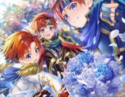 Rule 34 | armor, blue armor, blue eyes, blue flower, blue scarf, bouquet, commentary request, dated, fingerless gloves, fire emblem, fire emblem: the binding blade, fire emblem heroes, flower, gloves, headband, jacket, jewelry, looking at viewer, nintendo, official alternate costume, red hair, ring, roy (brave lion) (fire emblem), roy (fire emblem), roy (groom) (fire emblem), scarf, short hair, smile, white flower, white jacket, yuki (yuki2061)