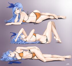 Rule 34 | 1girl, ass, back, barefoot, bikini, blue eyes, blue hair, breasts, chaesu, feet, from side, full body, hand on own hip, head rest, highres, long hair, looking at viewer, lying, lying on ground, medium breasts, bae minah (chaesu), multiple views, navel, on back, on side, orange bikini, profile, side-tie bikini bottom, signature, simple background, soles, solo, stomach, swimsuit, thick thighs, thighs, toes