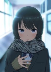 Rule 34 | 1girl, black eyes, black hair, blurry, blurry background, commentary request, highres, indoors, kyak bamboo, looking at viewer, original, scarf, school uniform, short hair, sleeves past wrists, solo