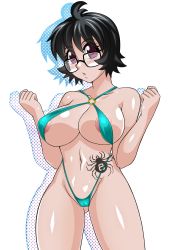 Rule 34 | 1girl, :o, absurdres, bare shoulders, bikini, blue bikini, breasts, cleavage, female focus, glasses, highres, hoimin (anchangdeath), hunter x hunter, large breasts, open mouth, purple eyes, shizuku murasaki, simple background, solo, spider tattoo, swimsuit, tagme, tattoo, thighs, white background