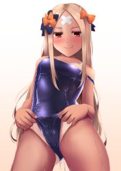 Rule 34 | 1girl, abigail williams (fate), bandaid, bandaid on face, bandaid on forehead, bare shoulders, black bow, blue one-piece swimsuit, blush, bow, breasts, closed mouth, clothes pull, collarbone, crossed bandaids, fate/grand order, fate (series), female focus, forehead, from below, frontal wedgie, hair bow, highres, kuro yanagi, licking lips, long hair, looking at viewer, looking down, one-piece swimsuit, one-piece swimsuit pull, orange bow, parted bangs, red eyes, simple background, small breasts, smile, solo, swimsuit, tan, tanline, thighs, tongue, tongue out, very long hair, wedgie, wet, white background