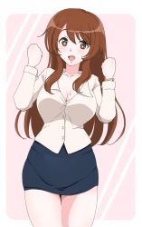 Rule 34 | 1girl, :d, arms up, asahina mikuru, asahina mikuru (adult), black skirt, blush, border, bracelet, breasts, brown eyes, brown hair, commentary request, hair between eyes, heart, highres, jewelry, large breasts, long hair, long sleeves, looking at viewer, mole, mole on breast, aged up, open mouth, osage gankyou, pencil skirt, pink background, shirt, skirt, smile, smille, solo, suzumiya haruhi no yuuutsu, thighs, white border, white shirt