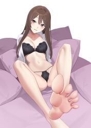 Rule 34 | 1girl, barefoot, black bra, black panties, bra, breasts, brown hair, cameltoe, cleavage, collared shirt, dress shirt, feet, foot focus, foot up, highres, kuen (kuennn12), lace, lace bra, lace panties, leaning back, long hair, long sleeves, looking at viewer, medium breasts, navel, on bed, open clothes, original, panties, pillow, pink eyes, shirt, simple background, sitting, solo, spread toes, toes, underwear, white background, white shirt