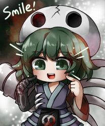Rule 34 | 1other, androgynous, commentary, english text, fingers to cheeks, green eyes, green hair, grey sleeves, japanese clothes, kimono, kitsugai sese, len&#039;en, no nose, open mouth, other focus, purple kimono, short hair, single sleeve, skeletal arm, skull on head, smile, solo, symbol-only commentary, teeth, upper body, upper teeth only, websci 3357