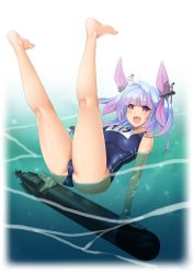 Rule 34 | 10s, 1girl, :d, afloat, arm support, bare arms, bare legs, barefoot, blue hair, blue one-piece swimsuit, blunt bangs, border, breasts, eyebrows, full body, hair ribbon, headgear, heart, i-19 (kancolle), kantai collection, kneepits, large breasts, legs up, light particles, long hair, looking at viewer, mr bowater, multicolored hair, name tag, ocean, one-piece swimsuit, open mouth, purple eyes, purple ribbon, red eyes, ribbon, school swimsuit, smile, solo, star-shaped pupils, star (symbol), swimsuit, symbol-shaped pupils, torpedo, two-tone hair, two side up, water, white border