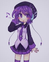 Rule 34 | 1girl, agpgwm, arm at side, beret, black skirt, black sleeves, blush stickers, cable, collared shirt, commentary, copyright name, cowboy shot, grey background, hand on headphones, hand up, hat, headphones, highres, looking at viewer, microphone, musical note, necktie, no nose, open mouth, pleated skirt, purple eyes, purple hair, purple necktie, purple vest, romaji text, shirt, short hair, sideways glance, simple background, skirt, solo, spoken musical note, tie clip, utane uta, utau, vest