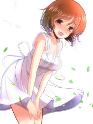 Rule 34 | 1girl, blush, brown eyes, brown hair, casual, commentary, dress, dress tug, flying sweatdrops, girls und panzer, highres, kumaisao, leaf, leaning forward, looking at viewer, medium dress, nishizumi miho, open mouth, short hair, simple background, sleeveless, sleeveless dress, smile, solo, standing, sundress, sweatdrop, white background, white dress, wind, wind lift