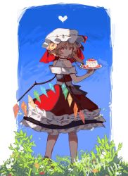 Rule 34 | 1girl, blonde hair, blue background, cake, choker, crystal, day, dress, flandre scarlet, food, fork, frills, from behind, fruit, full body, hand up, happy birthday, hat, hat ribbon, heart, highres, holding, holding plate, long hair, looking at viewer, looking back, mob cap, mouth hold, outdoors, plant, plate, red dress, red eyes, red ribbon, ribbon, shi chimi, side ponytail, solo, standing, strawberry, touhou, utensil in mouth, white hat, wings