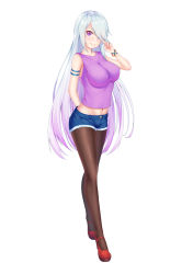Rule 34 | 1girl, absurdres, arm behind back, armband, bad id, bad pixiv id, bare shoulders, blue hair, blue shorts, bracelet, breasts, brown pantyhose, closed mouth, denim, denim shorts, full body, gradient hair, groin, hair over one eye, hand up, high heels, highres, impossible clothes, impossible vest, jewelry, large breasts, long hair, looking at viewer, midriff, multicolored hair, navel, original, pantyhose, pantyhose under shorts, pink hair, purple eyes, purple vest, red footwear, short shorts, shorts, sidelocks, simple background, smile, solo, standing, taut clothes, very long hair, vest, virtual youtuber, white background, wristband, yuunagi (0217)