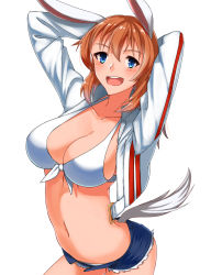Rule 34 | 1girl, absurdres, animal ears, bikini, blue eyes, blush, breasts, brown hair, charlotte e. yeager, highres, hiroshi (hunter-of-kct), large breasts, navel, open mouth, rabbit ears, rabbit girl, rabbit tail, short shorts, shorts, simple background, smile, solo, strike witches, swimsuit, tail, white background, white bikini, world witches series