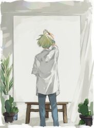 Rule 34 | 1boy, art brush, blue pants, cactus, canvas (object), easel, from behind, hanazono momohito, highres, idolmaster, idolmaster side-m, idolmaster side-m growing stars, light green hair, male focus, paintbrush, painting (action), pants, plant, potted plant, shirt, sleeves rolled up, solo, tarou (2taro8), white shirt