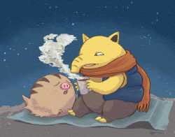 Rule 34 | blanket, blush, clothed pokemon, commentary request, creatures (company), cup, drowzee, closed eyes, gama3taro, game freak, gen 1 pokemon, gen 2 pokemon, highres, holding, holding cup, liquid, nintendo, open clothes, open mouth, open vest, pokemon, pokemon (creature), scarf, signature, sitting, steam, swinub, tongue, vest