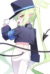 Rule 34 | 1girl, absurdres, armband, back, blue archive, blue armband, commentary, cowboy shot, crop top, demon tail, earrings, fang, from behind, gloves, green hair, green halo, halo, hand on headwear, hat, nozomi (blue archive), highres, honi (honi1010), jewelry, long hair, long sleeves, looking at viewer, looking back, midriff, no pants, open mouth, panties, panties under pantyhose, pantyhose, pointy ears, profile, shako cap, simple background, skin fang, smile, solo, symbol-only commentary, tail, twintails, underwear, very long hair, white background, white gloves, white pantyhose, yellow eyes