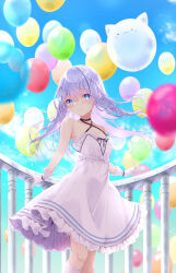 Rule 34 | 1girl, balloon, bare shoulders, black choker, blue eyes, blue hair, blue sky, blush, breasts, choker, cleavage, closed mouth, cloud, collarbone, commentary request, criss-cross halter, day, dress, feet out of frame, frilled dress, frills, gloves, gochuumon wa usagi desu ka?, hair between eyes, halterneck, highres, kafuu chino, kouda suzu, long hair, looking at viewer, outdoors, railing, sky, small breasts, smile, socks, solo, standing, tippy (gochiusa), very long hair, white dress, white gloves, white socks