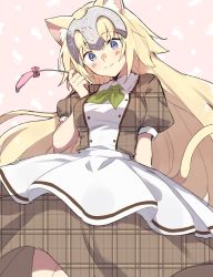 Rule 34 | 1girl, alternate costume, animal ear fluff, animal ears, apron, blonde hair, blue eyes, blush, breasts, cat ears, cat tail, cattail, closed mouth, collared dress, commentary, dress, fate/grand order, fate (series), green neckwear, hair between eyes, headpiece, highres, jeanne d&#039;arc (fate), jeanne d&#039;arc (ruler) (fate), kabutomushi s, kemonomimi mode, long hair, looking at viewer, medium breasts, plaid, plaid dress, plant, puffy short sleeves, puffy sleeves, short sleeves, smile, solo, tail, very long hair, waist apron, waitress, white apron