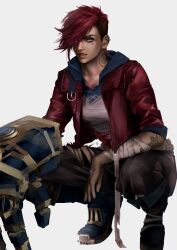 Rule 34 | 1girl, absurdres, arcane: league of legends, arcane vi, bandaged arm, bandaged hand, bandages, blue eyes, ear piercing, gauntlets, gloves, highres, is is gemini is, jacket, league of legends, open clothes, open jacket, pants, piercing, red hair, red jacket, roman numeral, scar, squatting, swept bangs, tattoo, vi (league of legends)