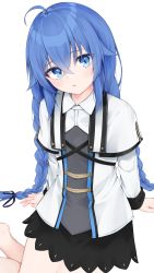 Rule 34 | 1girl, absurdres, ahoge, arm support, barefoot, black ribbon, black skirt, blue eyes, blue hair, braid, capelet, collared shirt, feet out of frame, hair between eyes, hair flaps, hair ribbon, highres, hijouguti, jacket, long hair, long sleeves, looking at viewer, mushoku tensei, open clothes, open jacket, parted lips, ribbon, roxy migurdia, shirt, simple background, sitting, skirt, solo, twin braids, very long hair, white background, white capelet, white jacket, white shirt, yokozuwari