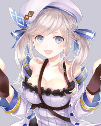 Rule 34 | 1girl, :d, beret, between breasts, blue eyes, breasts, cleavage, collarbone, cucouroux (granblue fantasy), dual wielding, eyebrows, granblue fantasy, grey background, gun, hair ribbon, hat, holding, holding gun, holding weapon, jacket, long hair, medium breasts, myusha, open clothes, open jacket, open mouth, ribbon, silver hair, simple background, smile, solo, strap, strap between breasts, striped ribbon, twintails, weapon, white hat, white jacket