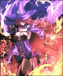 Rule 34 | 1girl, arc system works, black sclera, blazblue, blazblue: central fiction, breasts, cape, colored sclera, dress, fire, gloves, glowing, glowing eyes, hair over one eye, hat, konoe a. mercury, large breasts, long hair, phantom (blazblue), pink hair, short dress, smile, solo, thighhighs, witch hat, yellow eyes