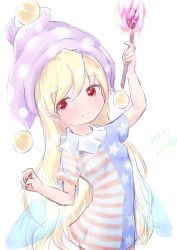 Rule 34 | 1girl, american flag dress, arm up, artist name, blonde hair, blush, breasts, closed mouth, clownpiece, dated, dress, female focus, fire, hand up, happy, hat, highres, holding, holding wand, jester cap, katsura dendou, long hair, looking to the side, multicolored clothes, multicolored dress, pink fire, polka dot, polka dot headwear, purple hat, red eyes, short dress, signature, simple background, sketch, small breasts, smile, solo, standing, star (symbol), touhou, upper body, wand, white background