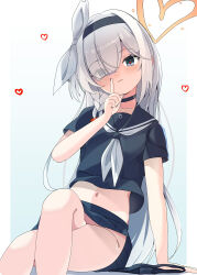 Rule 34 | 1girl, absurdres, black eyes, black hairband, black shirt, black skirt, blue archive, blue background, closed mouth, crossed legs, gradient background, grey hair, hair over one eye, hairband, halo, heart, heart halo, highres, long hair, looking at viewer, midriff, navel, neckerchief, plana (blue archive), ratemaru, red pupils, shirt, short sleeves, sitting, skirt, solo, thighs, white neckerchief