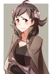 Rule 34 | 1girl, absurdres, blush, brown cloak, brown eyes, brown hair, cloak, closed mouth, fire emblem, fire emblem fates, flower, freckles, hair flower, hair ornament, highres, looking at viewer, mozu (fire emblem), nintendo, solo, to (tototo tk)