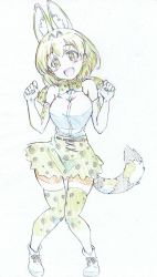 Rule 34 | 10s, 1girl, :d, absurdres, animal ears, ankle boots, black skirt, blonde hair, boots, bow, bowtie, clenched hands, colored pencil (medium), commentary, elbow gloves, fang, full body, gloves, green hair, head tilt, high-waist skirt, highres, kemono friends, kitazinger, knees together feet apart, looking at viewer, miniskirt, open mouth, print bow, print bowtie, print gloves, print neckwear, print skirt, print thighhighs, serval (kemono friends), serval print, serval tail, shirt, short hair, skindentation, skirt, sleeveless, sleeveless shirt, smile, solo, standing, striped tail, tail, thighhighs, traditional media, w arms, white footwear, white gloves, white shirt, yellow bow, yellow bowtie, yellow skirt, yellow thighhighs