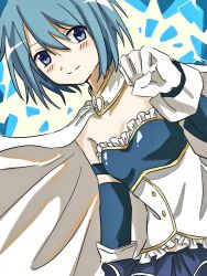 Rule 34 | 1girl, armor, blue dress, blue eyes, blue hair, blush, breastplate, cape, detached collar, detached sleeves, dress, dutch angle, floating clothes, frills, gloves, light smile, looking at viewer, magical girl, mahou shoujo madoka magica, marimops 237, miki sayaka, short hair, solo, white cape, white gloves