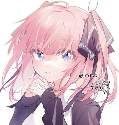 Rule 34 | 1girl, arin (fanfan013), black bow, black jacket, black sleeves, blue eyes, bow, collared shirt, commentary, eyelashes, go-toubun no hanayome, hair bow, highres, interlocked fingers, jacket, long hair, long sleeves, looking at viewer, loose hair strand, nakano nino, open clothes, open jacket, open mouth, own hands clasped, own hands together, pink hair, shirt, simple background, sleeves past wrists, smile, solo, twintails, twitter username, upper body, white background, white shirt