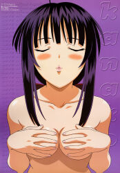 Rule 34 | 1girl, antenna hair, blush, breast hold, breasts, brown hair, character name, cleavage, closed eyes, completely nude, copyright name, covering breasts, covering privates, incoming kiss, kouno toshiyuki, lips, love hina, megami magazine, nail polish, nude, official art, parted bangs, parted lips, purple background, scan, sidelocks, simple background, solo, upper body, urashima kanako