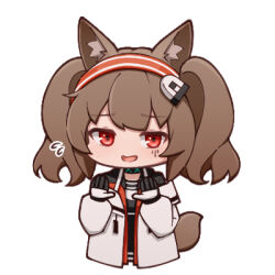 Rule 34 | 1girl, angelina (arknights), animal ear fluff, animal ears, arknights, black gloves, black shirt, blush, brown hair, chibi, cropped torso, flying sweatdrops, gloves, grey jacket, hairband, hands up, jacket, long sleeves, lowres, lxjun 09, nervous smile, open clothes, open jacket, puffy long sleeves, puffy sleeves, red hairband, shirt, simple background, smile, solo, striped clothes, striped hairband, tail, turn pale, twintails, upper body, white background
