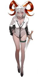Rule 34 | 1girl, absurdres, alternate costume, animal ears, arknights, black necktie, bottomless, breasts, carnelian (arknights), commentary, dark-skinned female, dark skin, english commentary, fingernails, full body, goat ears, goat horns, hand on own hip, highres, holding, holding sword, holding weapon, horns, jacket, looking at viewer, medium breasts, muaooooo, necktie, no pants, off shoulder, open clothes, open jacket, red eyes, sharp fingernails, shirt, short hair, solo, sword, thigh strap, weapon, white background, white hair, white shirt