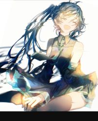 Rule 34 | 1girl, aqua necktie, bare shoulders, black skirt, black sleeves, black thighhighs, blue hair, closed eyes, commentary, detached sleeves, facing viewer, grey shirt, hatsune miku, highres, karanagare, long hair, necktie, open mouth, own hands together, partially submerged, ripples, shirt, sitting, skirt, sleeveless, sleeveless shirt, smile, solo, thighhighs, twintails, vocaloid, zettai ryouiki