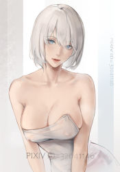 Rule 34 | 1girl, bare shoulders, blue eyes, blush, breasts, cleavage, closed mouth, collarbone, covered erect nipples, dress, large breasts, leaning forward, lips, looking at viewer, mole, mole under mouth, nier:automata, nier (series), pixiv id, rifu (643763873), short hair, simple background, solo, steaming body, upper body, wet, white dress, white hair, 2b (nier:automata)