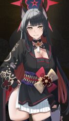 Rule 34 | 1girl, animal ear fluff, animal ears, asymmetrical bangs, black hair, black kimono, blue archive, breasts, cleavage, colored inner hair, contrapposto, cowboy shot, fingerless gloves, floral print, fox ears, fox girl, fox mask, gaitoou, gloves, highres, holding, holding mask, japanese clothes, kimono, large breasts, long hair, mask, miniskirt, multicolored hair, pleated skirt, print kimono, red hair, side slit, skirt, solo, string pull, thighhighs, two-tone hair, wakamo (blue archive), white skirt, wide sleeves, yellow eyes